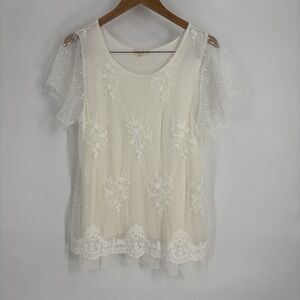 Song n Spirit Womens Mixed Media Boho Top Medium White Mesh Lace Layered Fairy